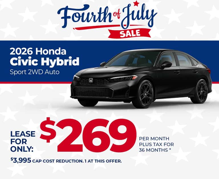 Lease a 2026 Honda Civic Hybrid Sport for $269 per month for 36 months.