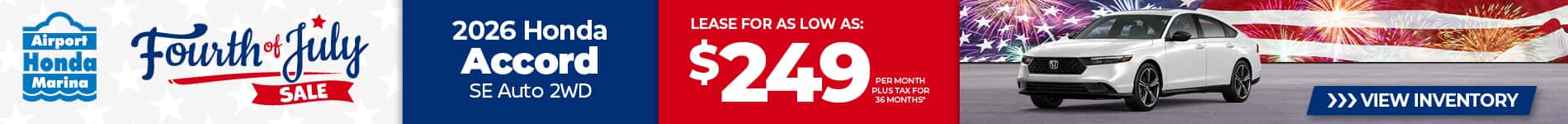 Lease a 2026 Honda Accord SE for $249 per month for 36 months.