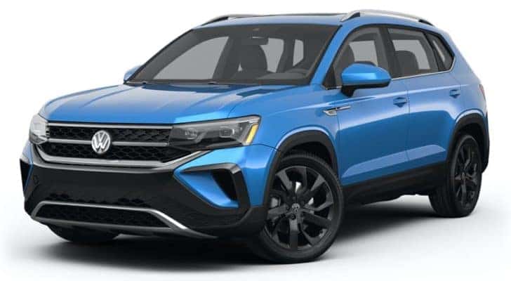 A blue 2022 Volkswagen Taos SEL is angled left.