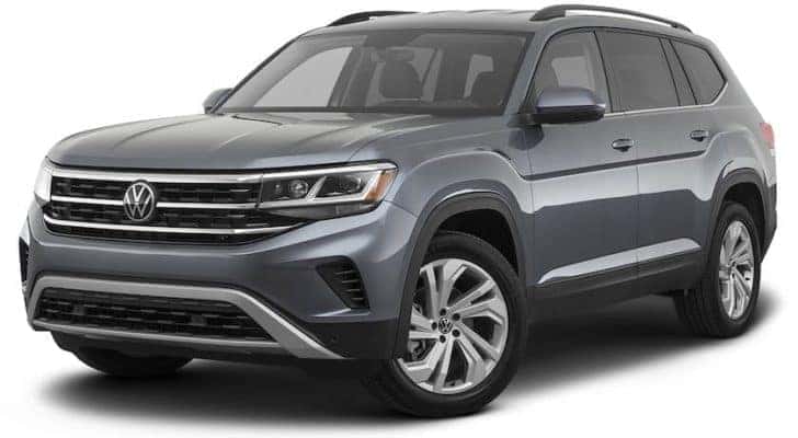 A gray 2021 Volkswagen Atlas is angled left.
