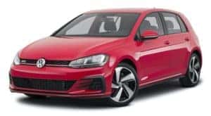 A red 2021 Volkswagen Golf GTI S is angled left.