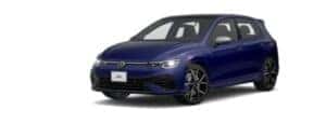 A blue 2022 Volkswagen Golf R is angled left.