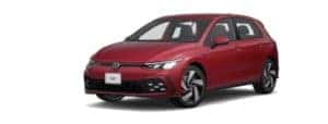 A red 2022 Volkswagen Golf GTI is angled left.