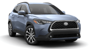 A light blue 2022 Toyota Corolla Cross is facing right.