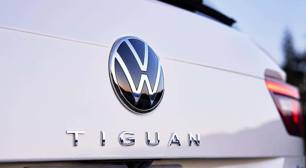 A close up shows the rear badging on a 2022 Volkswagen Tiguan.