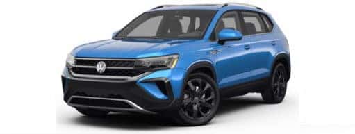 A blue 2022 Volkswagen Taos is shown facing left.