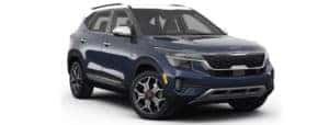 A blue 2022 Kia Seltos SX is shown angled right.