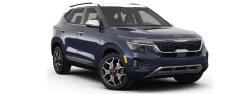 A blue 2022 Kia Seltos SX is shown angled right.