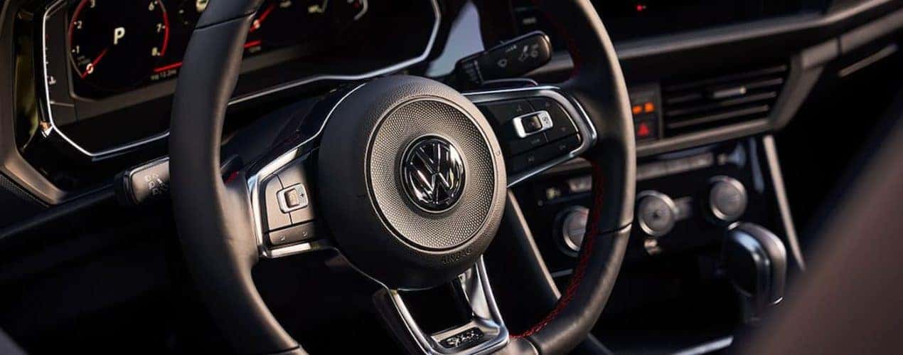 A close up of the steering wheel in a 2022 Volkswagen Jetta GLI.