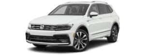 A white 2022 Volkswagen Tiguan SEL R-Line is shown angled left.