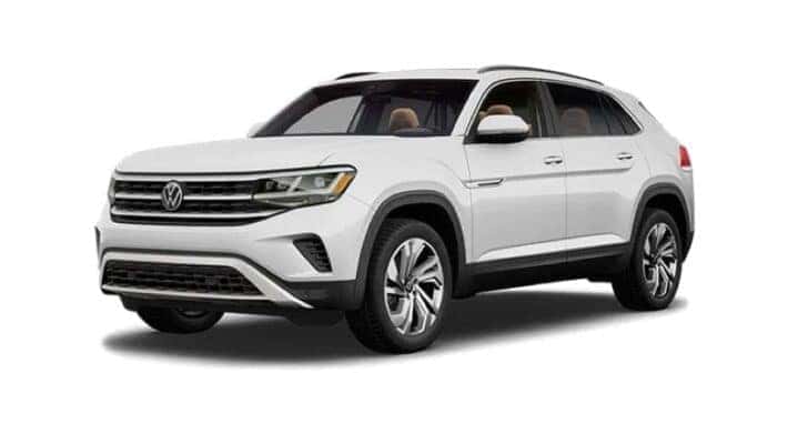 A white 2023 Volkswagen Atlas Cross Sport is angled left.