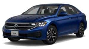 A blue 2023 Volkswagen Jetta is shown angled left.