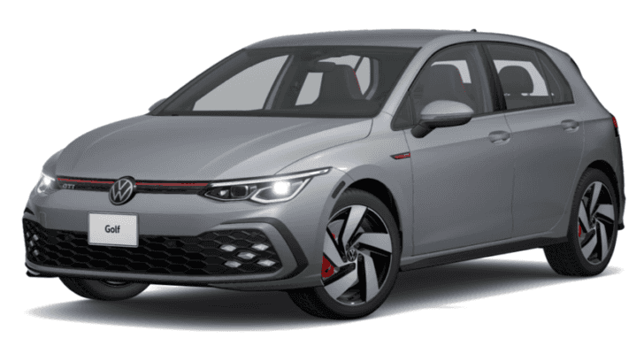 A grey 2023 Volkswagen Golf GTI is shown angled left.
