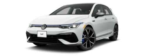 A white 2023 Volkswagen Golf R is angled left.