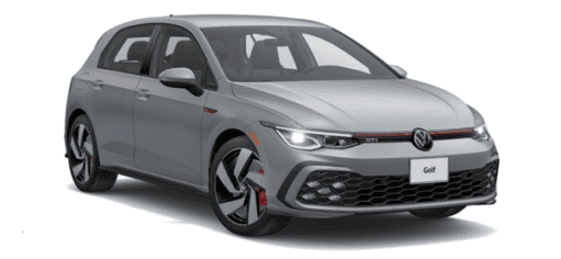 A grey 2023 Volkswagen Golf GTI is shown angled right.