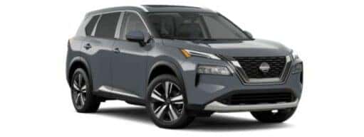 A grey 2023 Nissan Rogue Platinum is angled right.