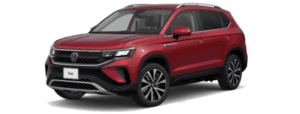 A red 2023 Volkswagen Taos is shown angled left.