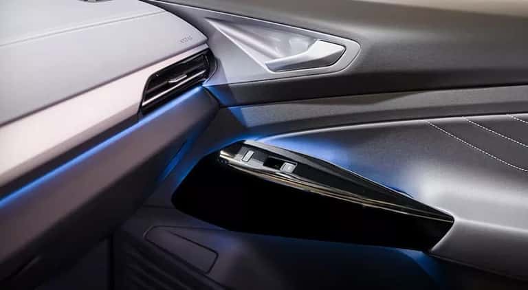 The black and gray interior of a 2023 Volkswagen ID.4 Pro is shown.