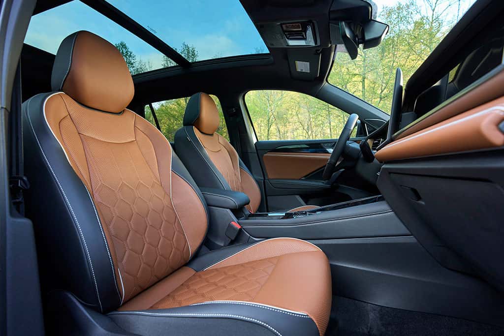 2026 VW Tiguan SEL R-Line Turbo showing spacious front row seating with leather seats