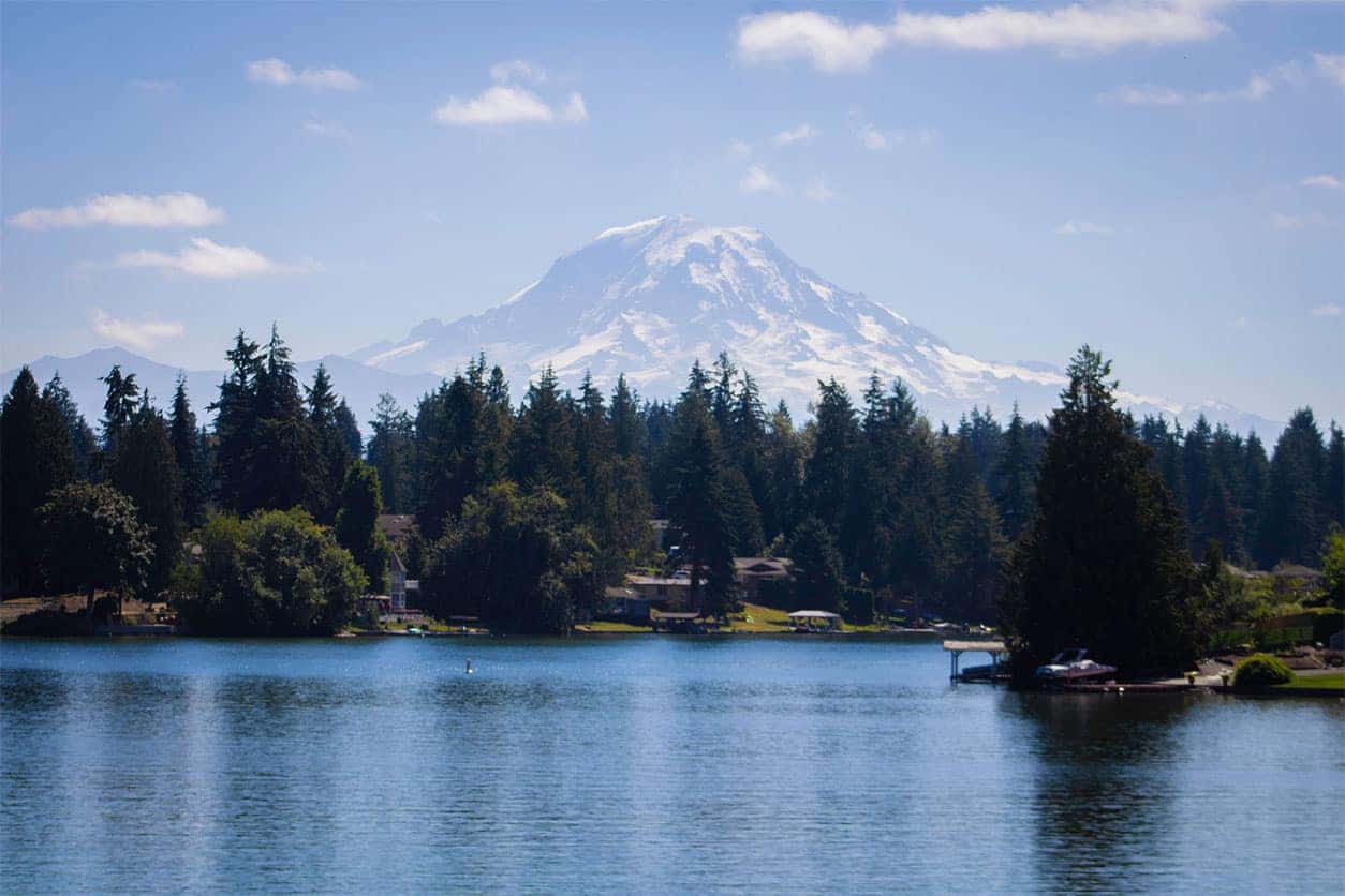 view of lake tapps with mt rainier in the background in washington