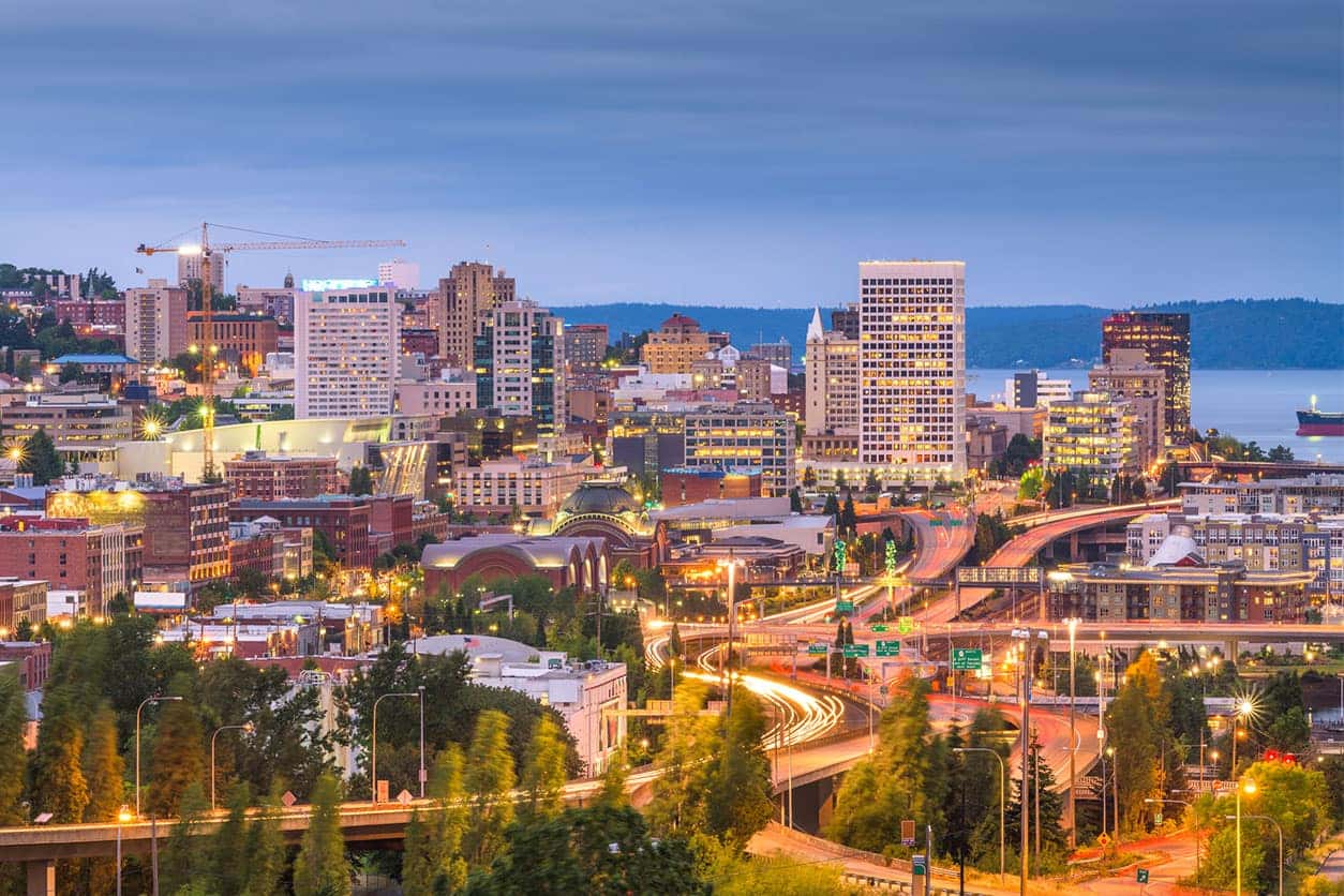 aerial view of tacoma washington at night