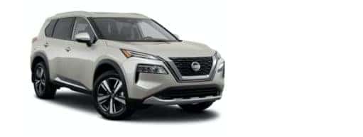 A white 2021 Nissan Rogue Platinum is angled right.