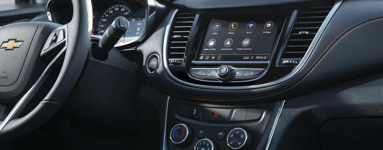 A close up shows the infotainment screen and apps in a 2022 Chevy Trax.