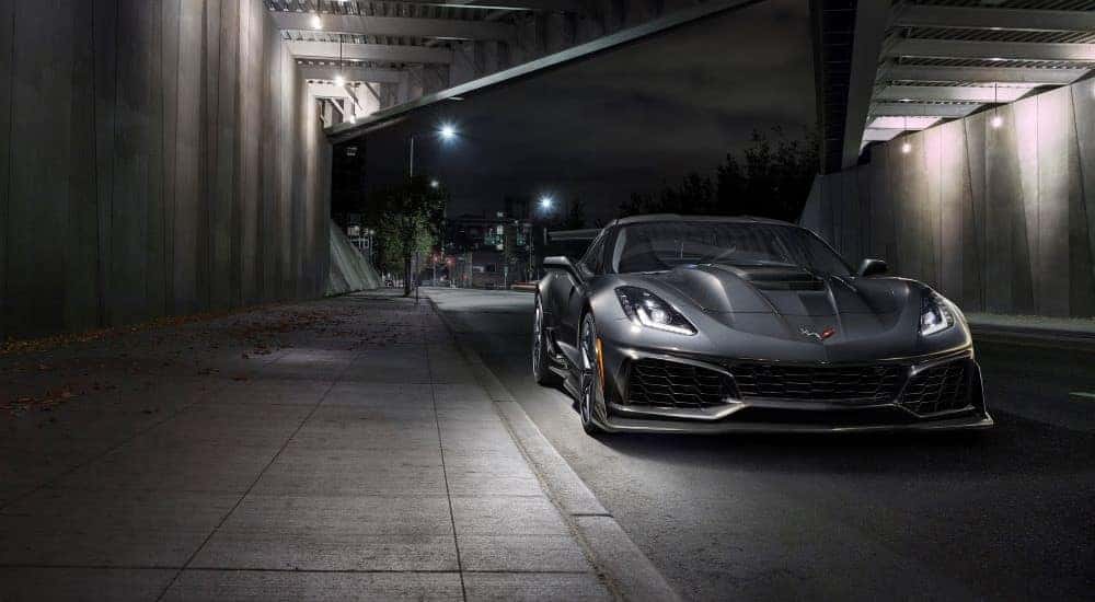 A grey 2019 Chevy Corvette ZR1 is shown in a lighted tunnel.