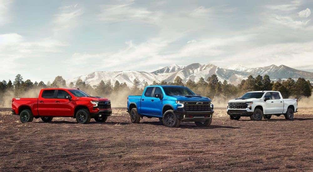 Three 2024 Chevy Silverado 1500s: a red LT Trail Boss, a blue ZR2, and a white Custom Trail Boss.