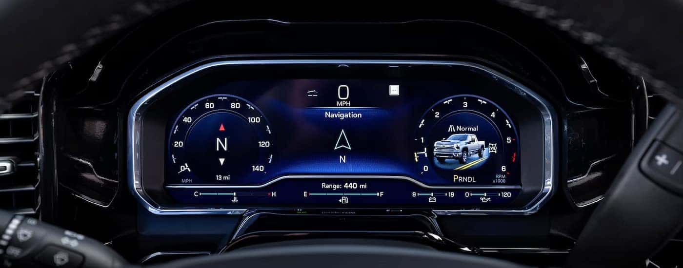 Close-up of the digital instrument cluster in a 2024 Chevy Silverado 2500 for sale near Covington.