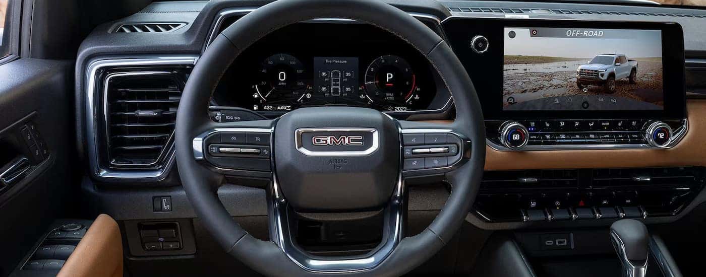 Interior view from the driver's seat of a 2024 GMC Canyon AT4.
