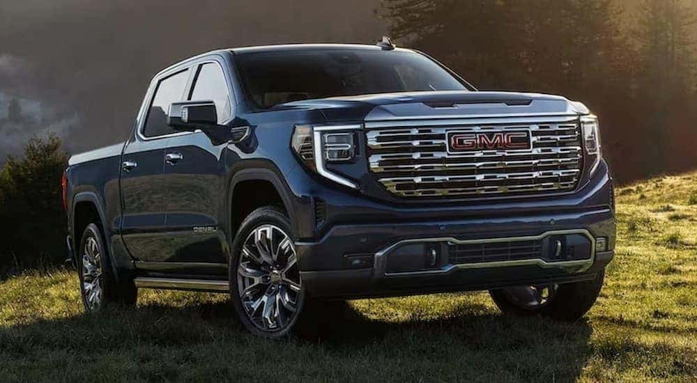 A blue 2025 GMC Sierra 1500 Denali parked on grass.
