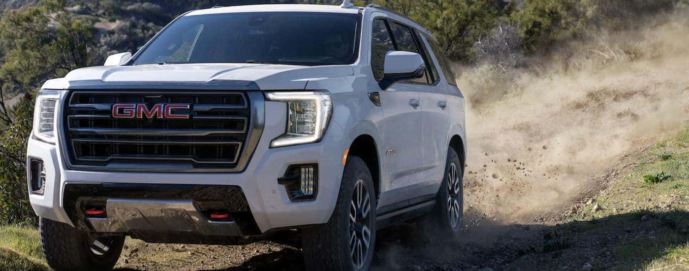 A white 2023 GMC Yukon AT4 from a dealer near Alpharetta