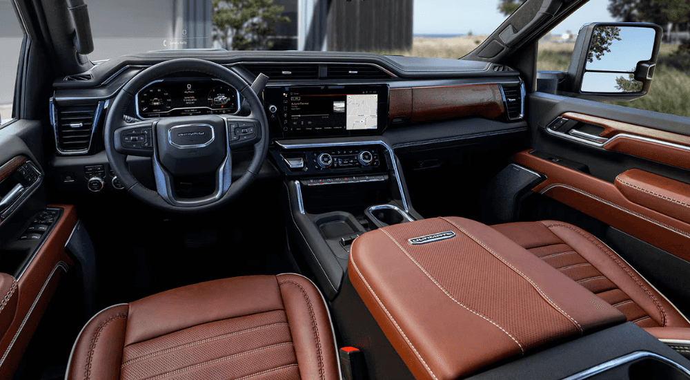 Brown leather interior in a 2026 GMC Sierra 2500 HD Denali Ultimate