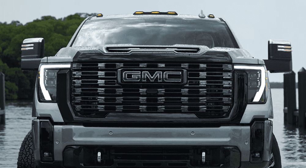 Front grille of a grey 2026 GMC Sierra 2500 HD Denali Ultimate for sale near Alpharetta