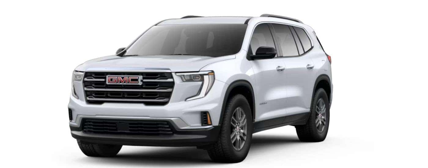 A white 2026 GMC Acadia angled left.