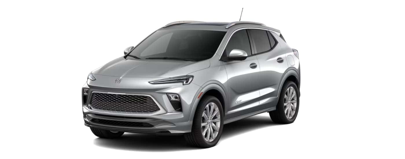 Silver 2026 Buick Encore GX angled left.