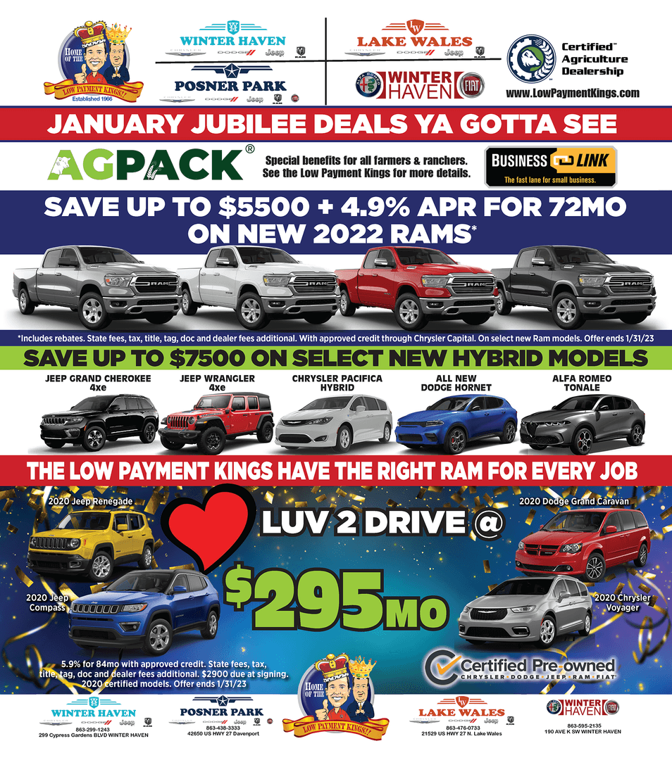 Low Payment Kings January Jubilee Deals Ya Gotta See. Benefits for farmers and ranchers. Save up to $5500 on select new Ram Trucks. Save up to $7500 on select new hybrid models. $295 a month on certified used vehicles including 2020 Jeep Renegade, 2020 Jeep Compass, 2020 Dodge Grand Caravan and 2020 Chrysler Voyager