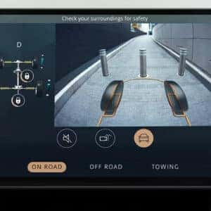 Range Rover Sport 360-degree camera view showing parking assist with pathway guidelines and vehicle status display