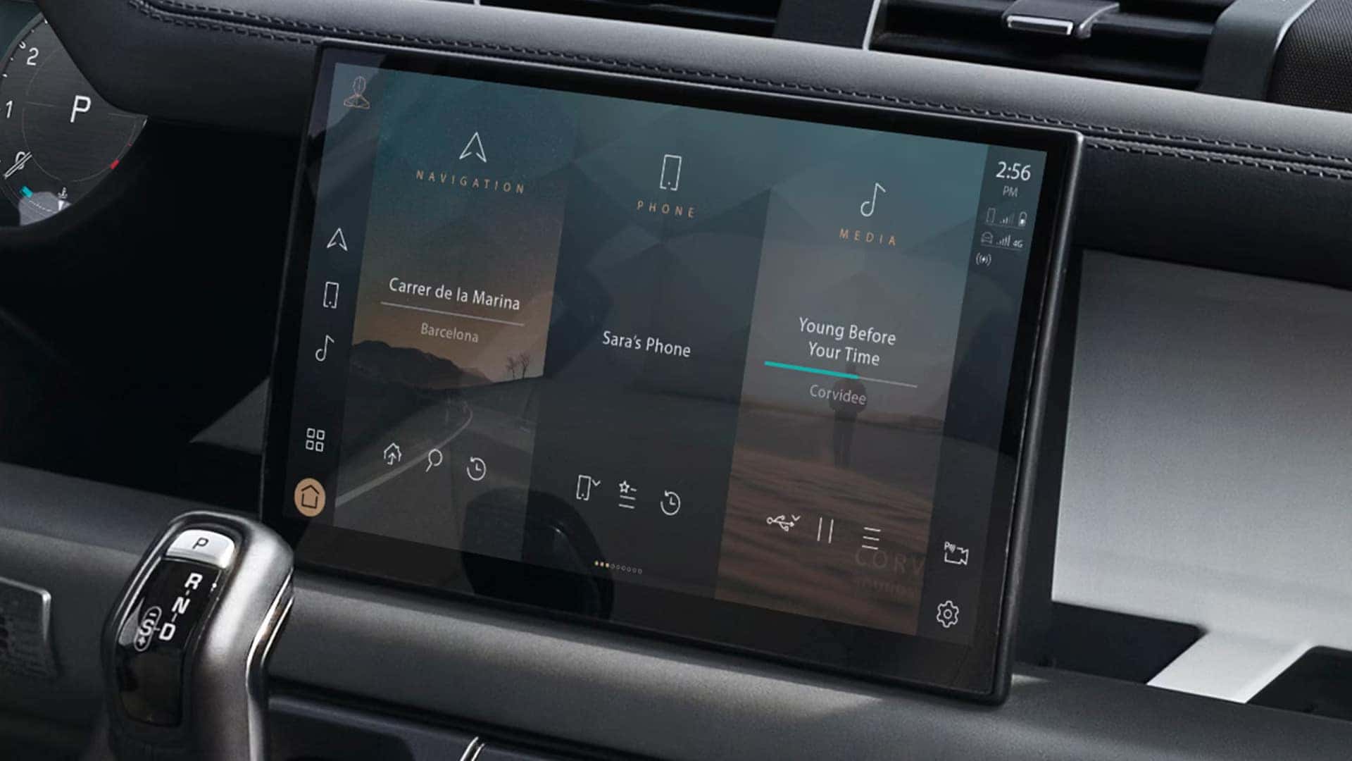 Vehicle infotainment system display showing navigation, phone, and media functions with touchscreen interface