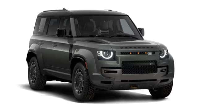sage green Land Rover Defender SUV with black accents shown at an angle against white background