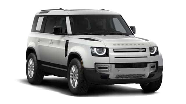 White Land Rover Defender SUV with black wheels shown at an angle against white background
