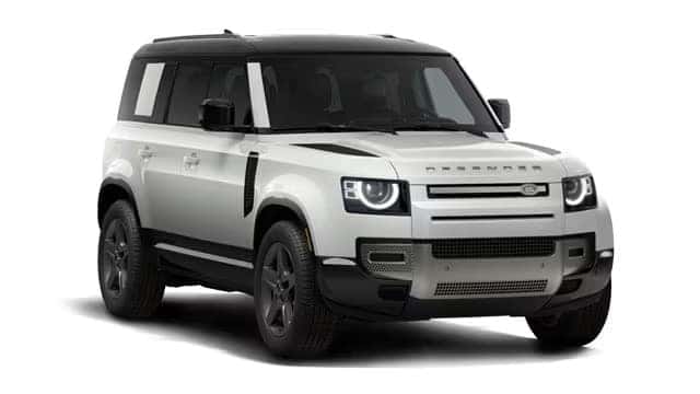White Land Rover Defender SUV with silver accents shown at an angle against white background