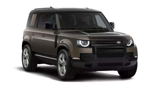 Bronze/brown Land Rover Defender SUV with black accents shown at an angle against white background