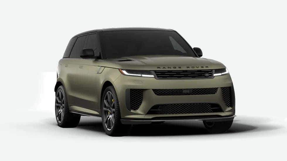 Front view of olive green Range Rover Sport with black roof and performance-oriented styling