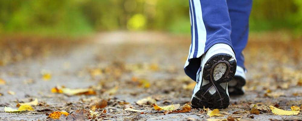 Woman walking cross country and trail in autumn forest