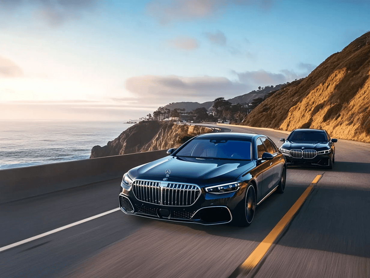 blue mercedes s-class racing a black bmw 7 series in the pacific coastal highway