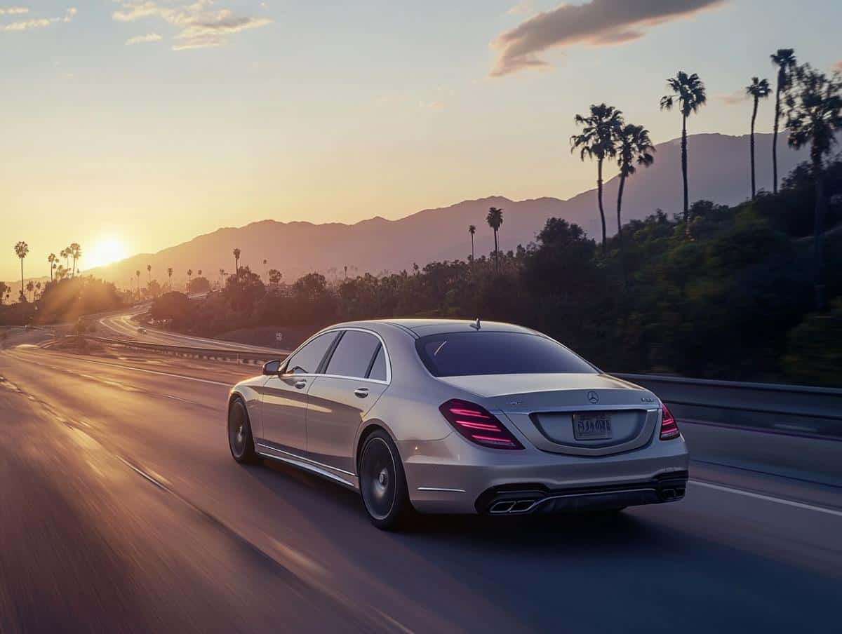 mercedes s-class in a california highway during the sunset