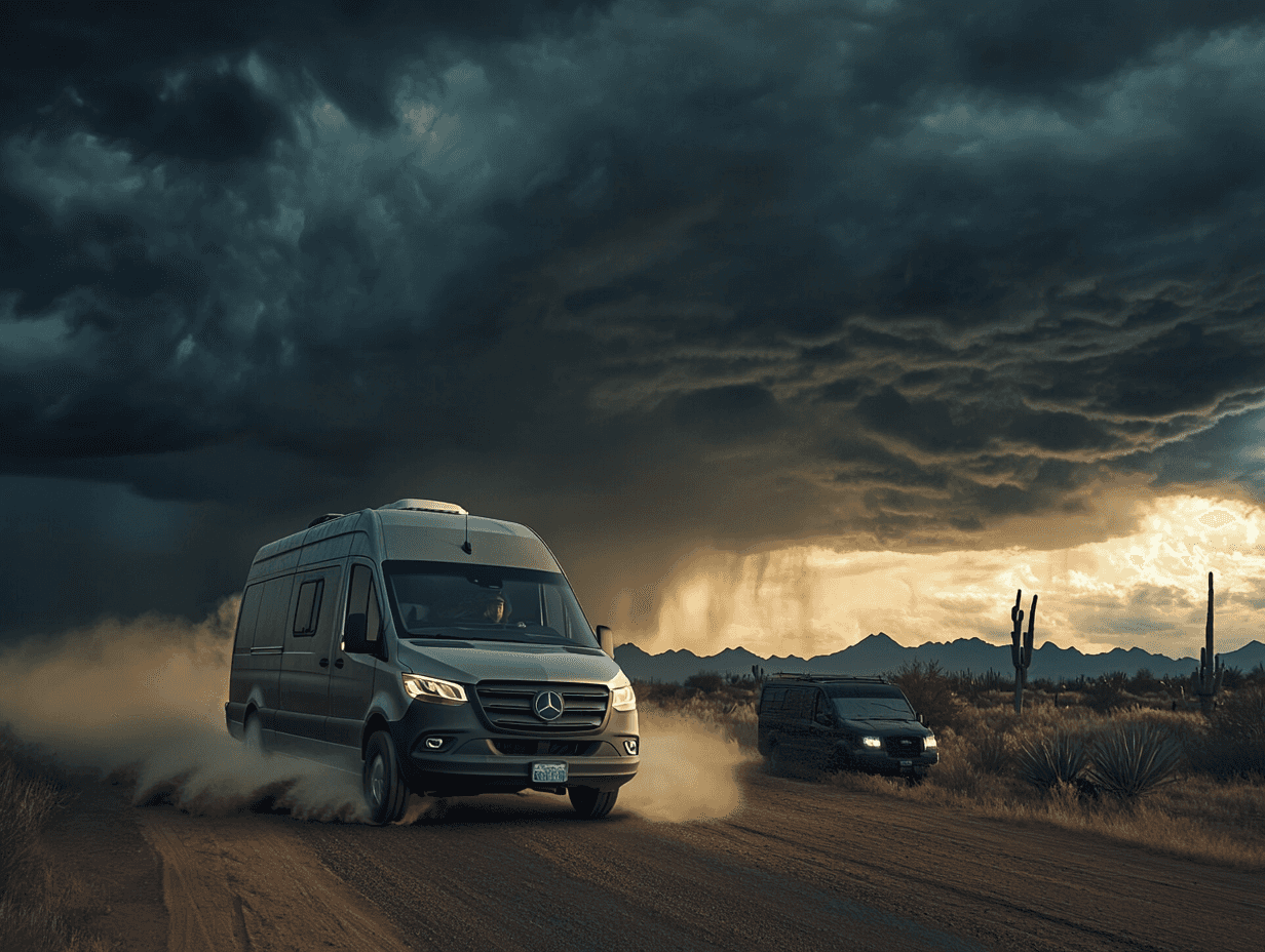 Leading the way through Arizona's stormy skies, the 2025 Mercedes Benz Sprinter Van takes the lead, with the Ford Transit following closely behind