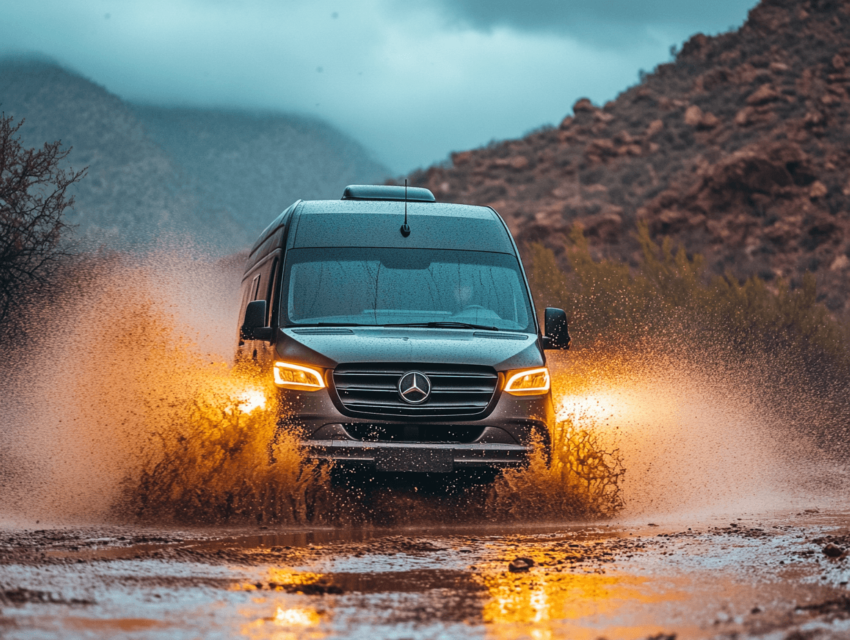 A 2025 Mercedes Sprinter Van splashing through the rain in Arizona